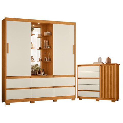 Guarda Roupa Solteiro Atena 02 Portas de Correr com Espelho e Cômoda Sapateira Duetto Cinamomo Off W