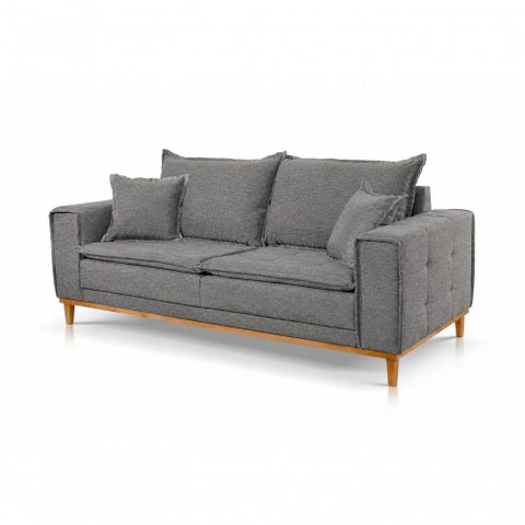 Sofá Carol 3 Lugares Fixo 180cm Cinza Linho Almofada Solta Base Madeira Carol