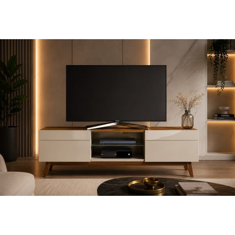 Rack para Tv até 60 Polegadas Classic 180cm 2 Gavetas com Pés em Madeira e Prateleira de Vidro Imcal