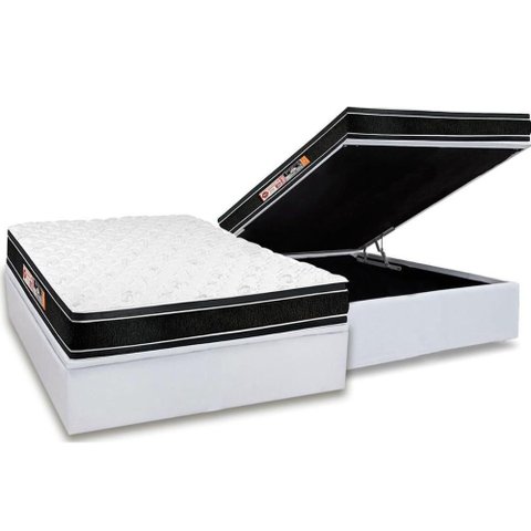 Cama Box Baú Casal: Colchão Espuma D33 Castor Black e White Face Euro Pillow + Base White(138x188)