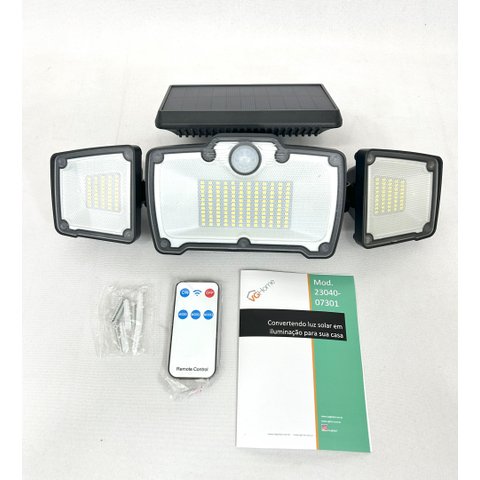 Luminária Solar com Sensor e Controle Remoto 218 Leds 3 Cabeças e Placa Acoplada