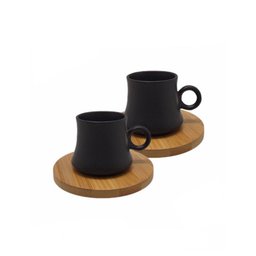 Conjunto de 2 Xícaras Pretas de Porcelana com Pires de Bambu - 1