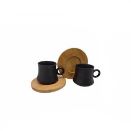 Conjunto de 2 Xícaras Pretas de Porcelana com Pires de Bambu - 3