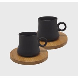 Conjunto de 2 Xícaras Pretas de Porcelana com Pires de Bambu - 2