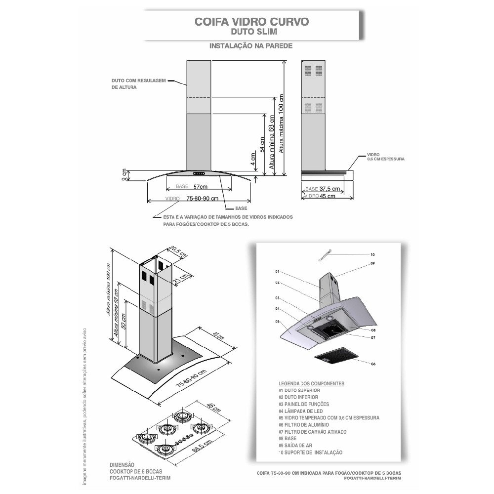 Coifa de Parede 90cm Vidro Curvo Inox Duto Slim Terim - 5