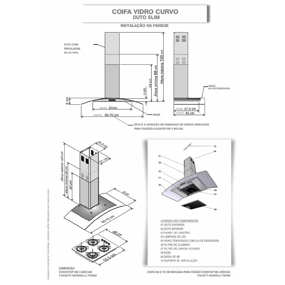 Coifa de Parede 60cm Vidro Curvo Terim Preto com Inox - 5