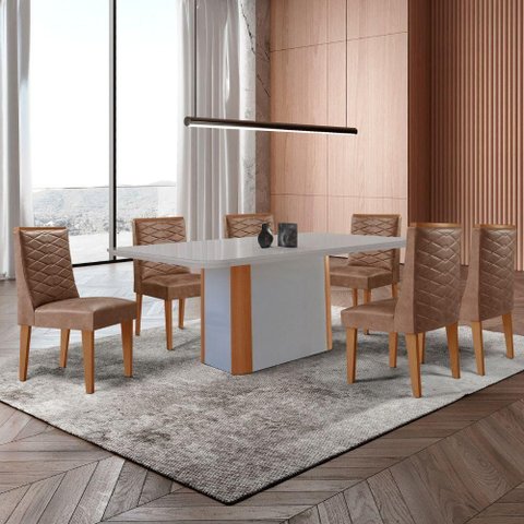 Mesa de Jantar Isadora 180cm Tampo Mdf Vidro com 6 Cadeiras Tork Naturale Serigrafia Off White