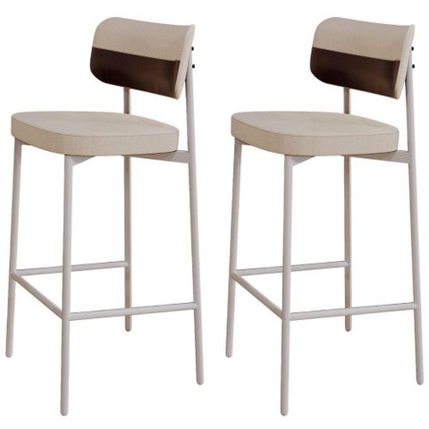 Kit 02 Banquetas Alta Bar Cozinha Sala de Jantar Aço Branco Kaira C01 Linho Areia Courino Café -