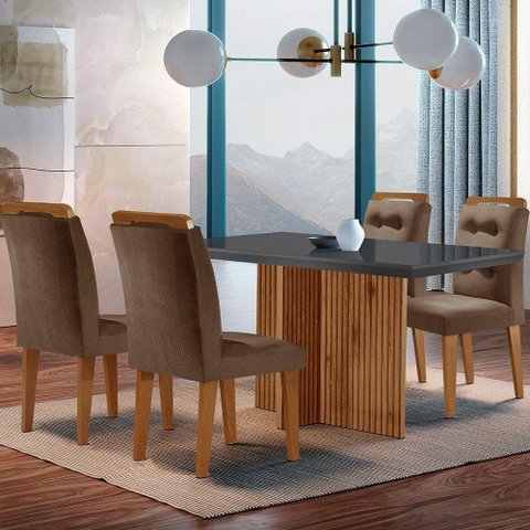 Mesa Olímpia 120cm Mdf Vidro Canto Reto Com 4 Cadeiras