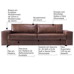 Sofá 4 Lugares Sala de Estar Pés Madeira 2,80M Minsque Couro Marrom - Gran Belo - 2
