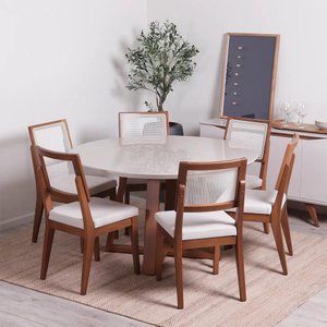 Conjunto de Jantar Mesa Redonda com Vidro Bennett 6 Cadeiras Saga - Natural C/ Mescla Cru