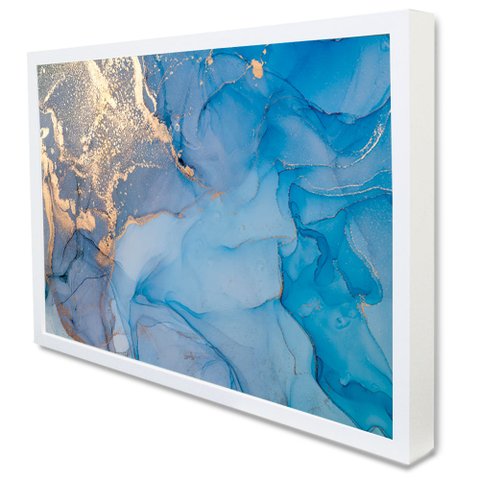 Quadro Decorativo Abstrato Mármore Azul Oceano em Moldura Caixa Tacolado Moldura Caixa 3cm Branca Se