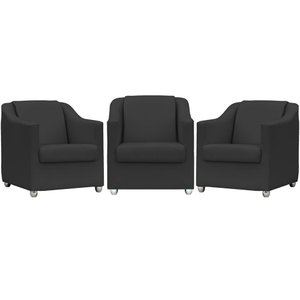 Kit 3 Poltronas Decorativa para Sala Manicure Recepção Mila Corino Preto Pés de Plástico Cromado