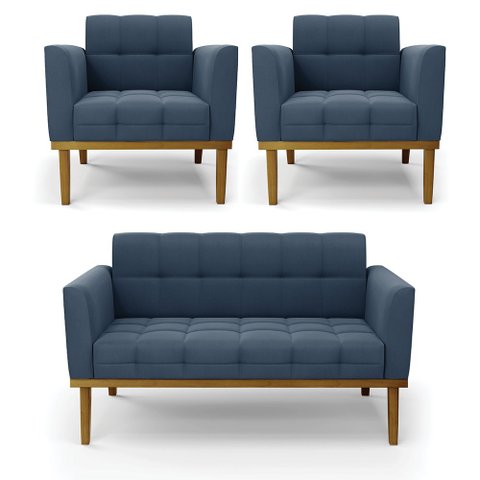 Namoradeira com 2 Poltronas Base de Madeira Castanho Elisa Suede D03 - D’Rossi Azul Marinho