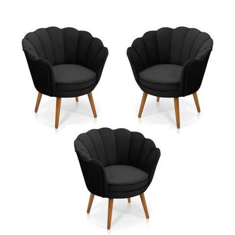 Kit 3 Poltronas Pétala Sued Preto Pés Palito - Kimi Design