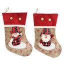Ver imagem 1 de Jogo 2 Botas Decorativa Meia Natalina Papai Noel e Boneco de Neve Tecido Linho Bege e Xadrez 35cm