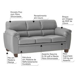 Sofá 3 Lugares Sala de Estar Pés em Madeira Nauru Couro Cinza - Gran Belo - 2