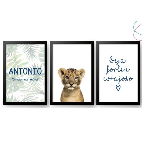 Quadros Decorativos Leão Baby Safari Seja Forte e Corajoso:preta