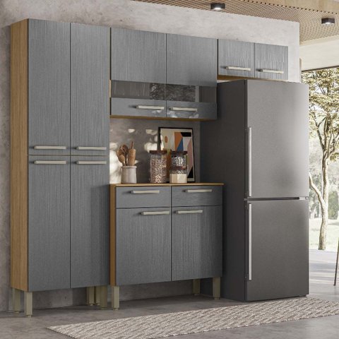 Armário de Cozinha Compacta Nala 8 Portas, 2 Gavetas e Balcão com Tampo em Mdp Freijó/gris- Kits Par