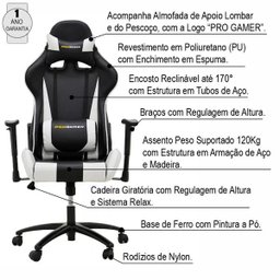 Cadeira Gamer Giratória Reclinável com Regulagem de Altura Ergonômica Pro-V Sport Pu Preto - 2