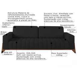 Jogo de Sofá 1 e 3 Lugares Sala de Estar Base Madeira Verônica Veludo Preto - Gran Belo - 2