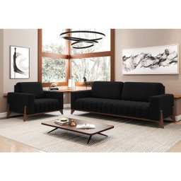 Jogo de Sofá 1 e 3 Lugares Sala de Estar Base Madeira Verônica Veludo Preto - Gran Belo - 6