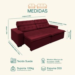 Sofá Retrátil e Reclinável 2,30m Suede Magno Vinho - 4