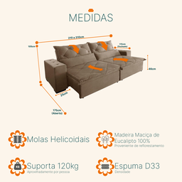 Sofá Retrátil e Reclinável 2,10m 3 Lugares Suede Lisboa - 3