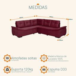 Sofá de Canto 4 Lugares Suede New Alphaville Vinho Sofá Casa - 5