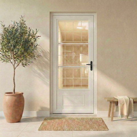 Porta de Aço Postigo com Grade Quadrada Branca Minas Sul MGM 215x85cm Abertura Esquerda