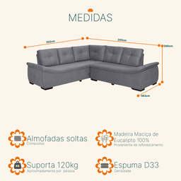 Sofá de Canto 4 Lugares Suede New Alphaville Cinza Sofá Casa - 5