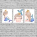 Ver imagem 1 de Kit 3 Quadros Sereinha Infantil Menina 45x34cm:Madeira preta