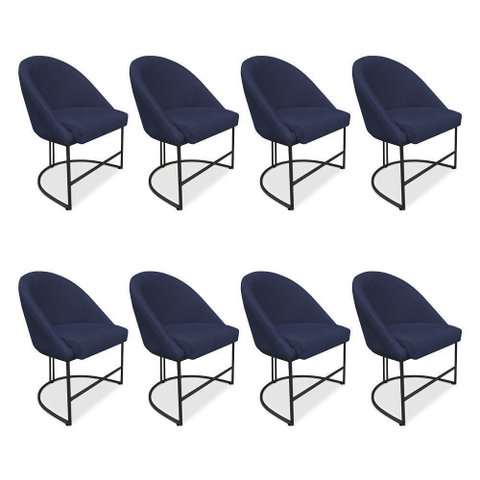 Kit 08 Cadeiras Poltrona de Jantar Bela Suede Azul Marinho Base Metálica Industrial Preto -