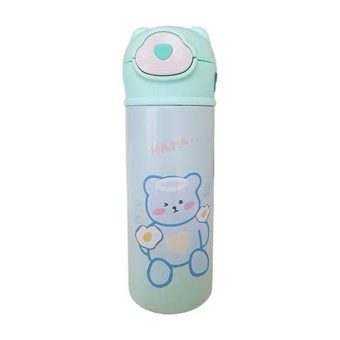 Garrafa Térmica de Ursinho Verde Infantil 420ml com Trava de Tampa e Canudo de Silicone