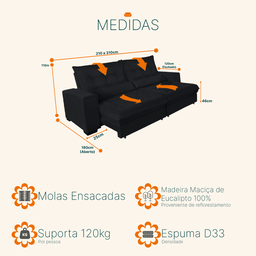 Sofá Retrátil e Reclinável 2,50m Molas Ensacadas Suede Miami - Sofá Casa - 3