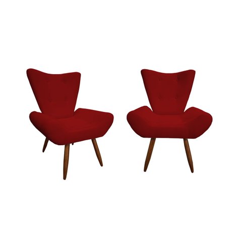 Kit 2 Poltronas Decorativa Emilia Suede Vermelho Pés Madeira Ms Decor