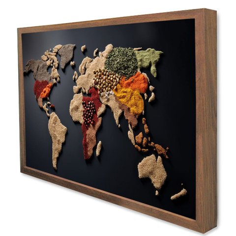 Quadro Decorativo Mapa Mundo Especiarias em Moldura Caixa TaColado Moldura Caixa Alta 4,5cm Madeira 