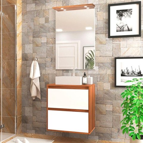 Gabinete para Banheiro com Cuba e Espelheira com Led 60cm Mdf Freijo com Branco Dubai - On Móveis