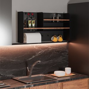 Porta Temperos em Aço Carbono Preto e Madeira C/ Porta Papel - 80cm Linha Home