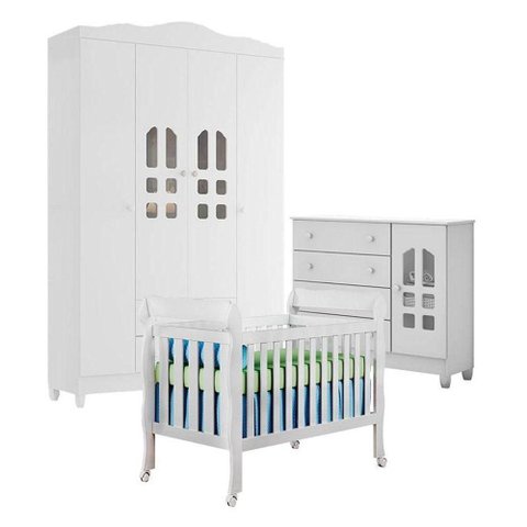 Quarto de Bebê New Selena 4 Portas com Berço Lila e Cômoda Selena Branco Brilho