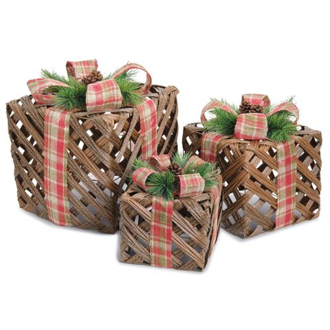Jg 3 Caixas de Presentes com Laco Xadrez Marrom e Verm 28cm