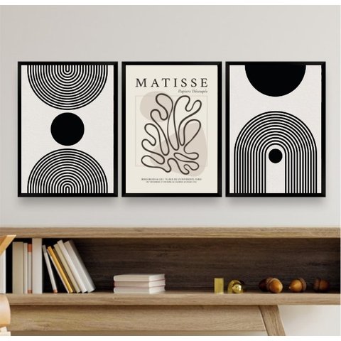 Kit 3 Quadros Minimalistas Abstratos matisse 45x34cm - com Vidro:madeira Preta