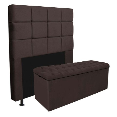 Kit Cabeceira + Calçadeira Baú Solteiro Lívia MDF-MDP Couro Sintético Marrom Gat Magazine