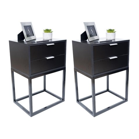 Kit 2 Mesas Cabeceira Industrial 40cm Preto 2 Gavetas Base Metal Preto Lateral Cama