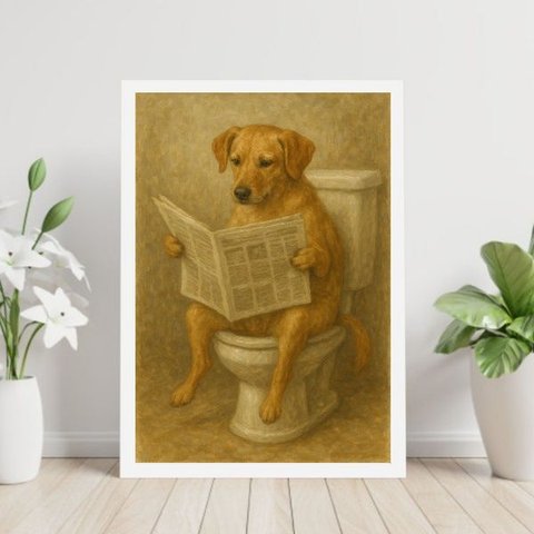 Quadro Cão Caramelo no Banheiro Lendo Jornal 45x34cm - com Vidro:moldura Branca