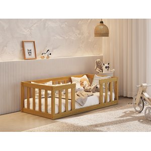 Cama Infantil Montessoriana com Grade de Proteção Madeira Luxo Quarto da Criança Cercado Cor Nature