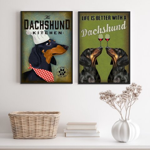 Kit 2 Quadros Cozinha Cão Dachshund 33x24cm - com Vidro:madeira Branca