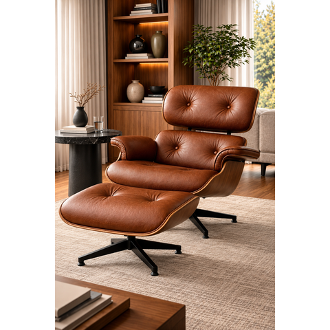 Poltrona Charles Eames com Puff - Couro Legitimo Marrom Telha - Freijó