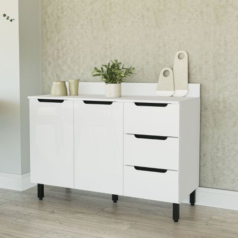 Balcão de Cozinha 120 Cm 2 Portas 3 Gavetas com Tampo Meena Branco Politorno Móveis
