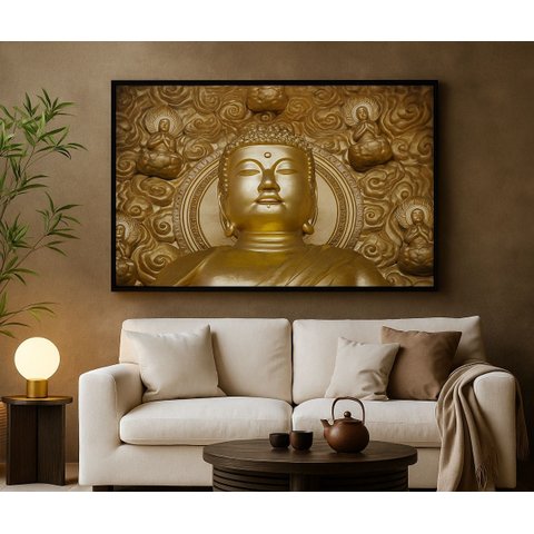 Quadro Canvas Buda Dourado - Horizontal-mold.preta:40x30cm
